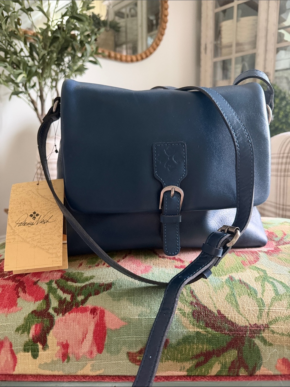 Patricia Nash Deep Navy Leather Flap Crossbody with Buckle